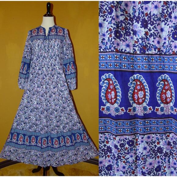 Vintage Dresses & Skirts - VINTAGE 70’s HIPPIE BLOCK PRINT INDIAN COTTON FESTIVAL BOHO MAXIDRESS